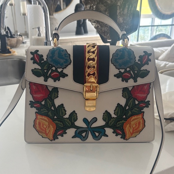 Gucci Handbags - Gucci White Satchel with Floral Embroidery